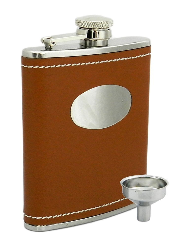 Peterson Hip Flask FLA135 Brown Leather w/Engraving Plate 6oz