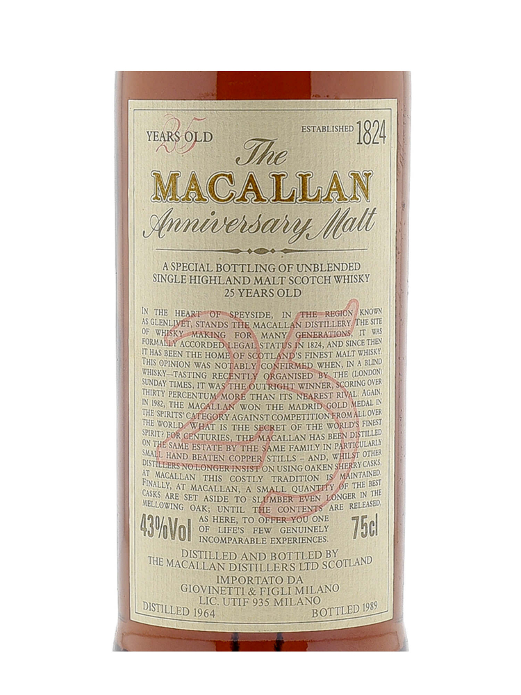 Macallan 1964 25 Year Old Anniversary Malt (Bottled 1989) Single Malt 750ml w/wooden box