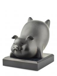 Tai Hwa Sculpture Piggy Cheerfully Stone Black