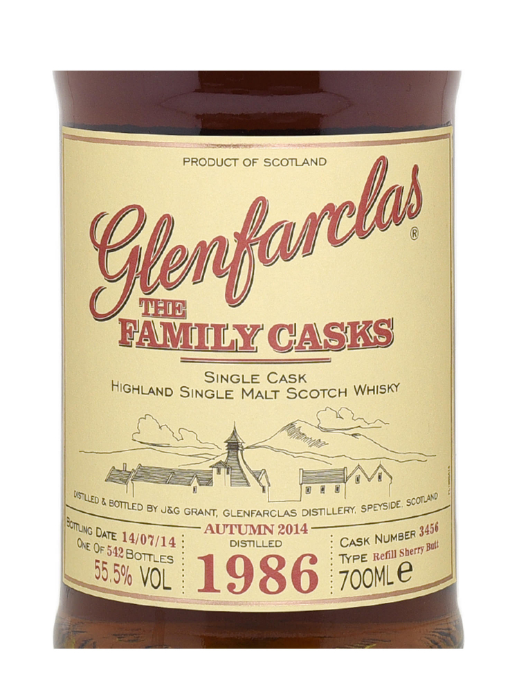 Glenfarclas Family Cask 1986 28 Year Old Cask 3456 A14 Refill Sherry Butt Single Malt w/box 700ml