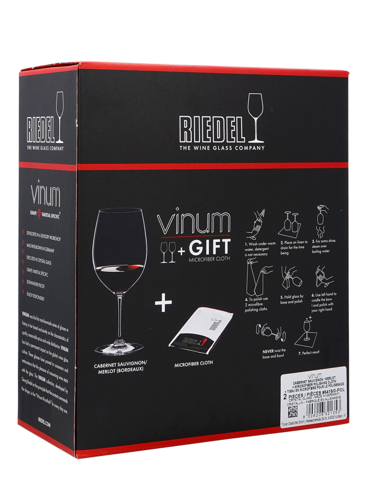 Riedel Glass Vinum Bordeaux FREE Microfibre Cloth 6416/0-POL (set
